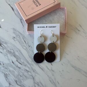 Nickel & Suede Triple Circle Leather Earrings - Silver, Brown, Black